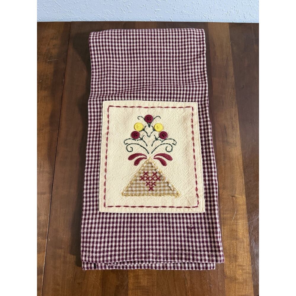 Floral Triangle Embroidered Tea Towel Decor Accent Biege Red Folksy Cottagecore